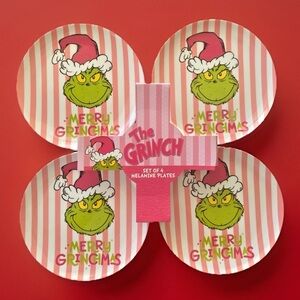 Dr. Seuss THE GRINCH Set of 4 Melamine 8" Round Plates Pink Pin Stripes